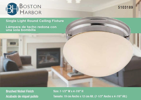 Boston Harbor F13BB01-6854-BN Single Light Round Ceiling Fixture, 120 V, 60 W, 1-Lamp, A19 or CFL Lamp