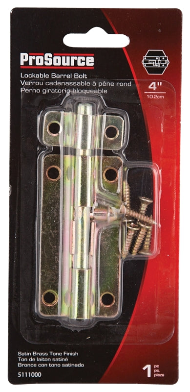 ProSource BH-101-PS Lockable Barrel Bolt, 0.31 Dia in Bolt Head, 4 in L Bolt, Steel, Satin Brass