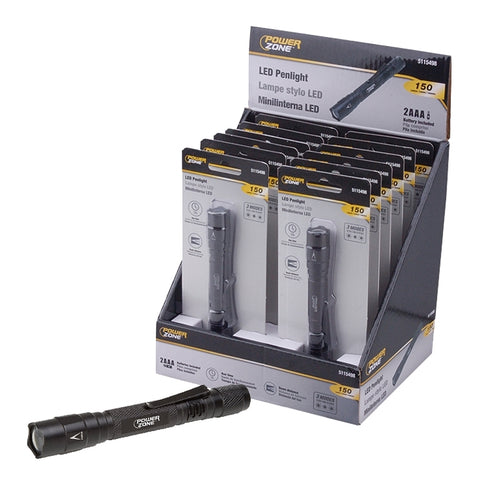 PowerZone F12001 Penlight, AAA Battery, LED Lamp, 150 Lumens, 60 m Beam Distance, 1 hr Run Time, Black, Pack of 12