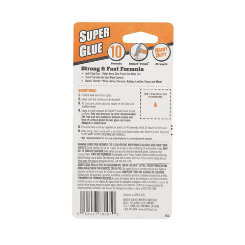 Gorilla 7800109 Super Glue, Straw/White Water, Liquid, Irritating, 3 g, Tube
