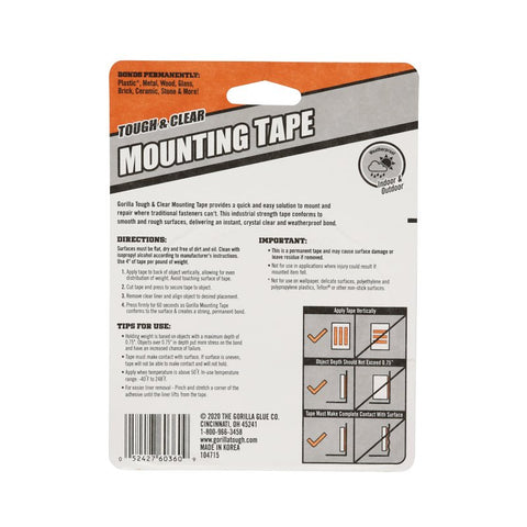 Gorilla 6036002 Mounting Tape, 150 in L, 1 in W, Clear