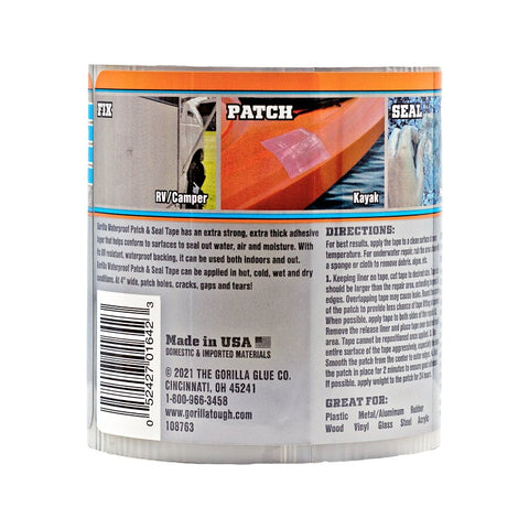 Gorilla 107261 Patch and Seal Tape, 8 ft L, 4 in W, Clear