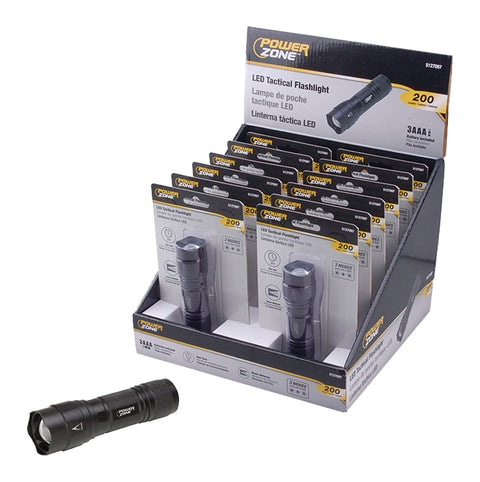 PowerZone F12002 Tactical Flashlight, AAA Battery, LED Lamp, 200 Lumens, 100 m Beam Distance, 2 hr Run Time, Black, Pack of 12
