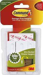 Command 17043 Picture Hanger, 5 lb, Plastic, White, Adhesive Strip Mounting, 4/PK