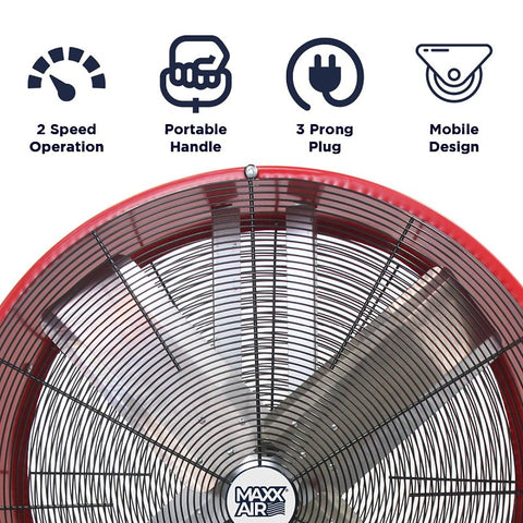 MaxxAir BF30DD Portable Barrel Fan, 120 V, 2-Speed, 4050 to 5000 cfm Air, Red