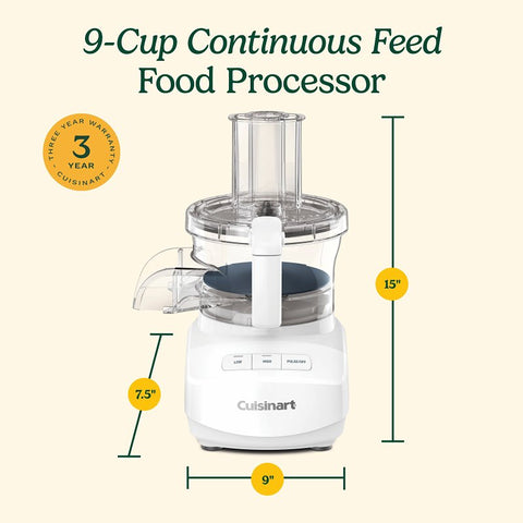 Cuisinart FP-9CF Continuous Feed Food Processor, 9 Cup Bowl, 350 W, Button Control, White