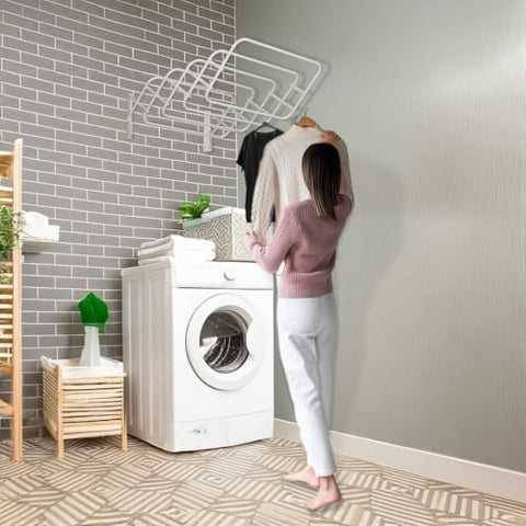 Steel Wall Mount Clothes Drying Rack, White Powder Coated, 9 Rods Expandable, for Laundry, Bathroom, Balcony,Indoor-Outdoor Use, 24 in Wide