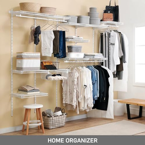 Adjustable White Wire Closet Shelf Kit, 6 to 8 FT Expandable Organizer System for Versatile Home Storage