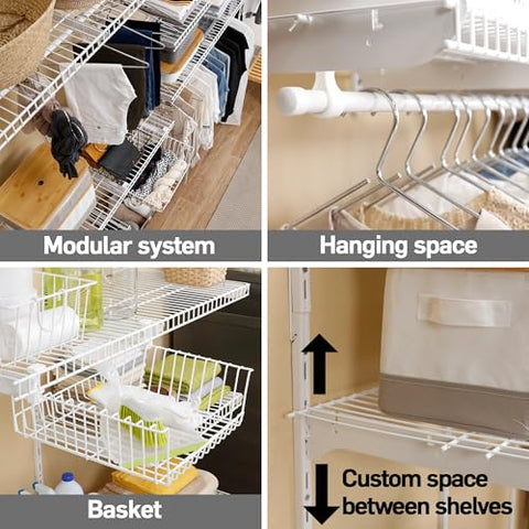 Adjustable White Wire Closet Shelf Kit, 6 to 8 FT Expandable Organizer System for Versatile Home Storage