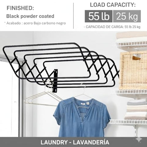 Steel Wall Mount Clothes Drying Rack, Black Powder Coated, 9 Rods Expandable, for Laundry, Bathroom, Balcony,Indoor-Outdoor Use, 24 in Wide