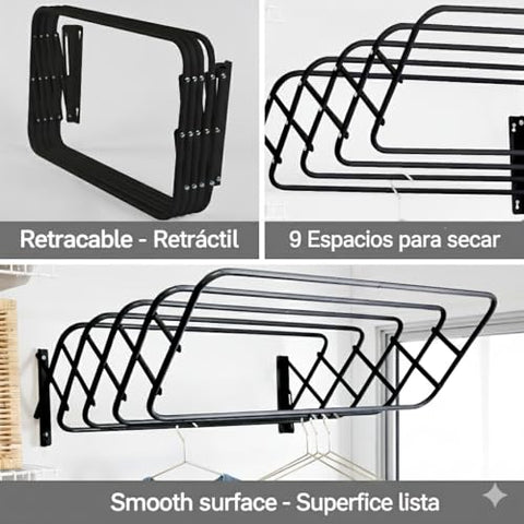 Steel Wall Mount Clothes Drying Rack, Black Powder Coated, 9 Rods Expandable, for Laundry, Bathroom, Balcony,Indoor-Outdoor Use, 24 in Wide