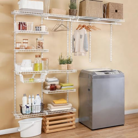 Adjustable White Wire Closet Shelf Kit, 6 to 8 FT Expandable Organizer System for Versatile Home Storage