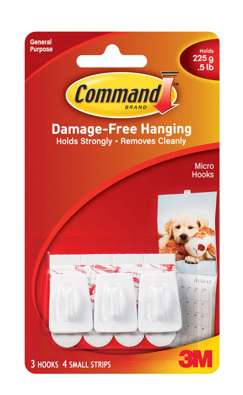 3M Command Micro Hook Plastic 1/2 lb. per Hook 3 pk