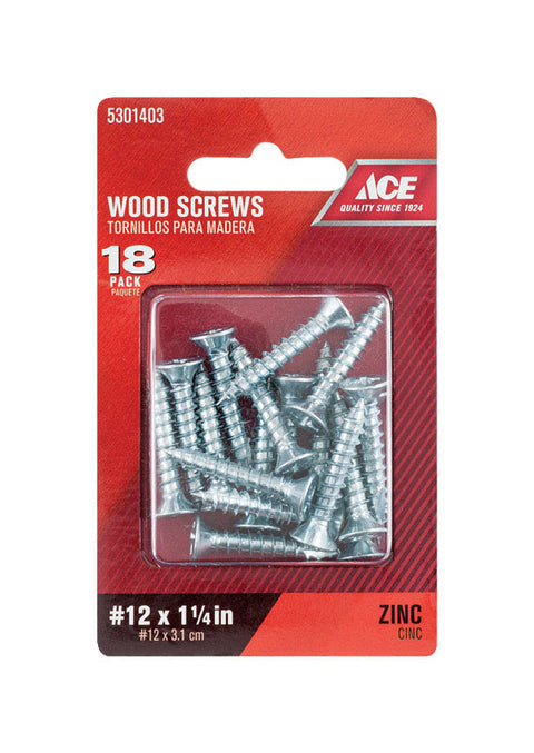 Ace Flat Wood Screw No. 12 x 1-1/4 in. L Zinc Steel 18 pk