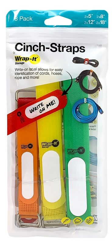 Wrap-It Storage 208-ASST Cinch Strap Storage Strap Set, Hook and Loop Locking, Nylon, Assorted