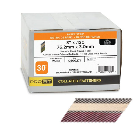 PRO-FIT 0600271 3 in x 0.12 in, 30-Degree, Bright Finish, Smooth Shank, Paper Tape Framing Nails (2500 -Per Box)