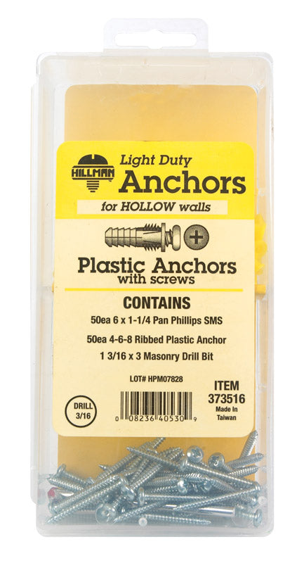 Hillman 0.164 in. Dia. x 7/8 in. L Plastic Pan Head Ribbed Anchor Kit 101 pk