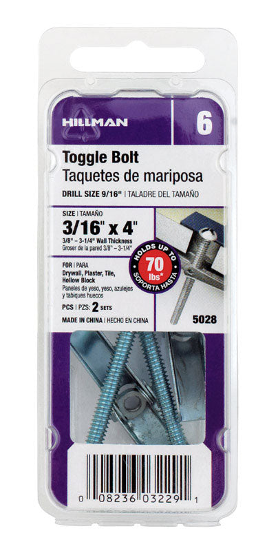 Hillman 1/4 in. Dia. x 4 in. L Round Steel Toggle Bolt 2 pk