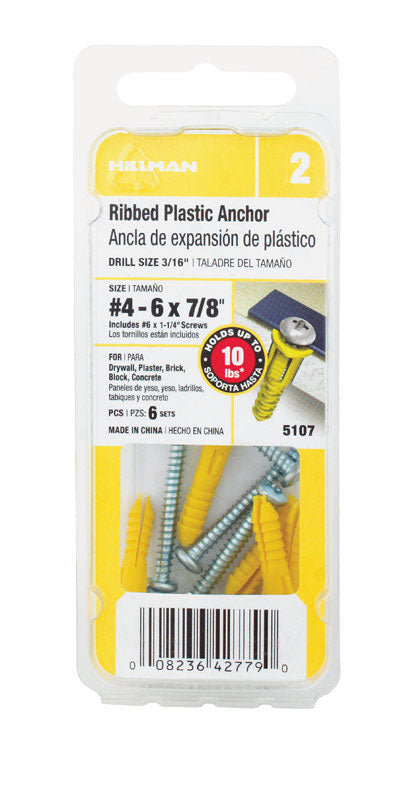 Hillman 0.164 in. Dia. x 7/8 in. L Plastic Pan Head Ribbed Anchor 6 pk