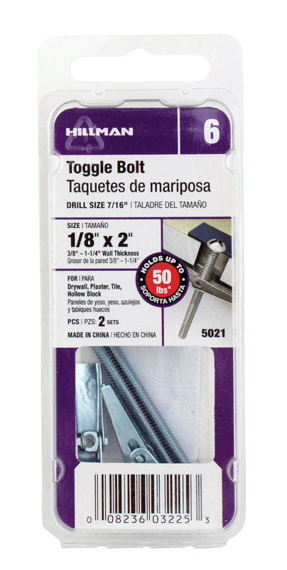 Hillman Fas-N- Tite Zinc-Plated Steel Round Toggle Bolt 1/8 in. Dia. x 2 L 2 pk