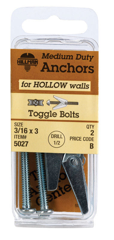 Hillman Fas-N- Tite Zinc-Plated Steel Round Toggle Bolt 1/4 in. Dia. x 3 L 2 pk