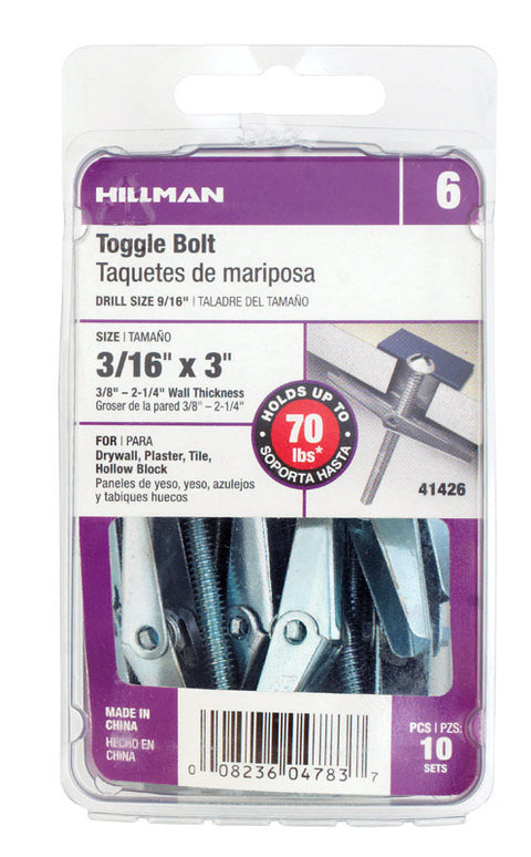 Hillman 1/4 in. Dia. x 3 in. L Round Steel Toggle Bolt 10 pk