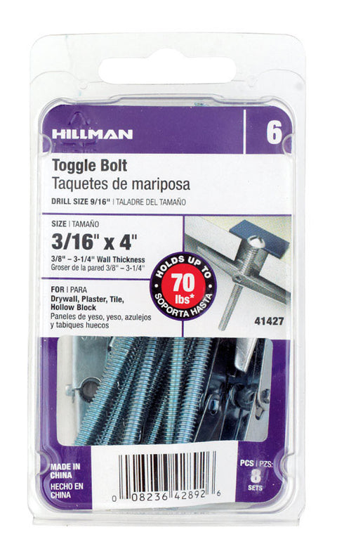 Hillman 1/4 in. Dia. x 4 in. L Round Steel Toggle Bolt 8 pk