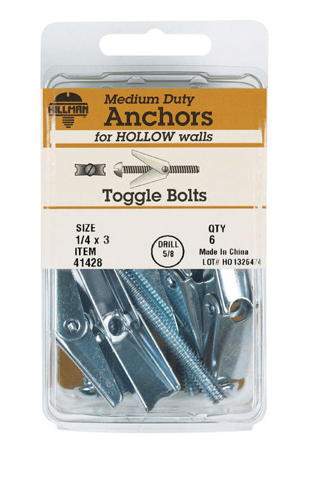 Hillman 1/4 in. Dia. x 3 in. L Round Steel Toggle Bolt 6 pk
