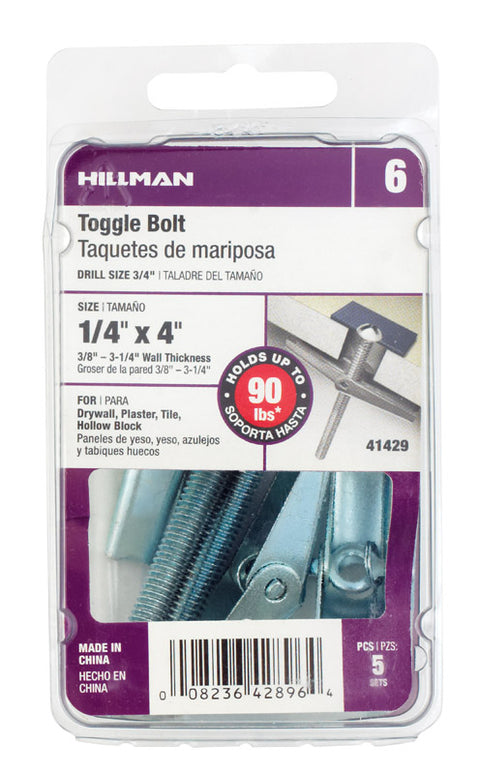 Hillman 1/4 in. Dia. x 4 in. L Round Steel Toggle Bolt 5 pk