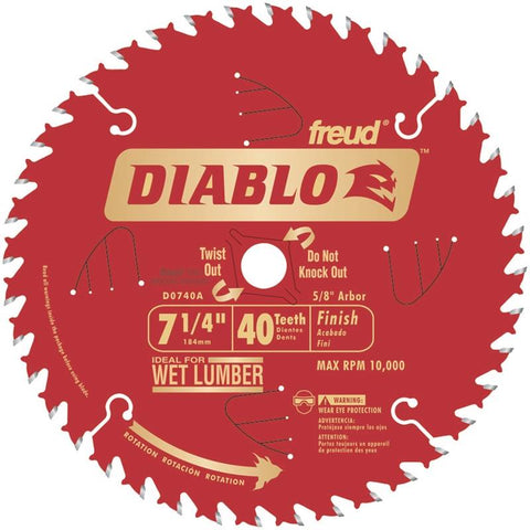 Diablo D0740A Circular Saw Blade, 7-1/4 in Dia x 0.04 in T, 40 Teeth, 5/8 in Arbor