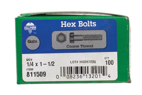 Hillman Hillman Hot Dipped Galvanized Steel Coarse Hex Bolt 1/4 in. Dia. x 1-1/2 in. L 100 box