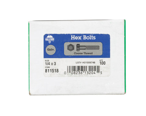 Hillman Hillman Hot Dipped Galvanized Steel Coarse Hex Bolt 1/4 in. Dia. x 3 in. L 100 box