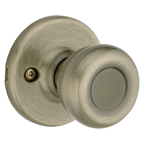 Kwikset 200T 5CP Passage Knob, Metal, Antique Brass, 2-3/8 to 2-3/4 in Backset, 1-3/8 to 1-3/4 in Thick Door