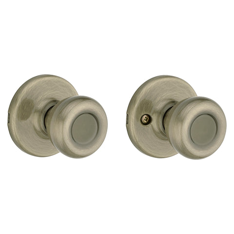 Kwikset 200T 5CP Passage Knob, Metal, Antique Brass, 2-3/8 to 2-3/4 in Backset, 1-3/8 to 1-3/4 in Thick Door