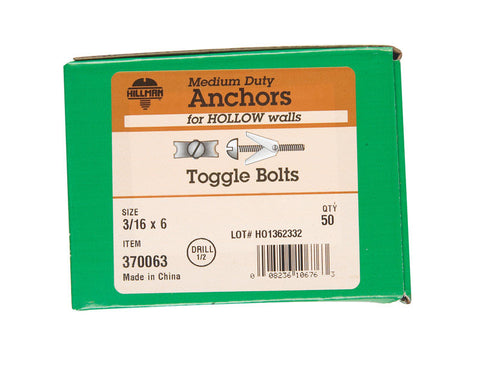Hillman 1/4 in. Dia. x 6 in. L Round Steel Toggle Bolt 50 pk