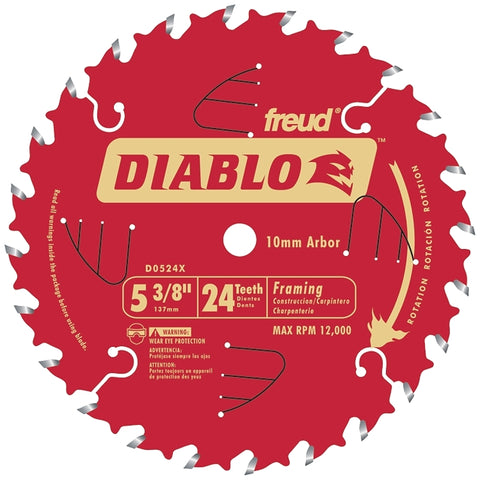 Diablo D0524X Circular Saw Blade, 5-3/8 in Dia, 10 mm Arbor, 24-Teeth, Carbide Cutting Edge