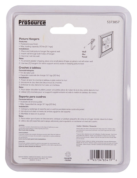 ProSource PH-122308-PS Picture Hanger, 20 lb, Steel, Polished Brass, Brass, Nail-In Mounting