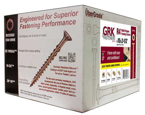 GRK Fasteners R4 00133 Framing and Decking Screw, #10 Thread, 2-1/2 in L, Round Head, Star Drive, Steel, 2500 BX