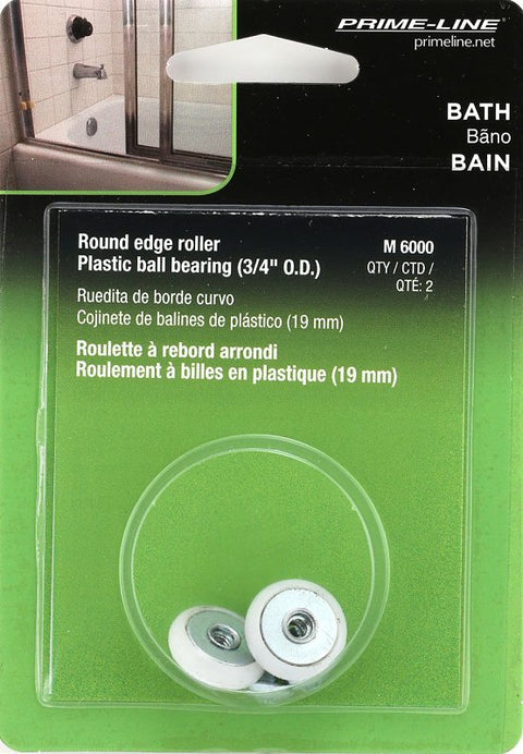 Prime-Line M 6000 Tub Enclosure Round Roller, Plastic, White, For: Up to 5/16 in Thickness Glasses