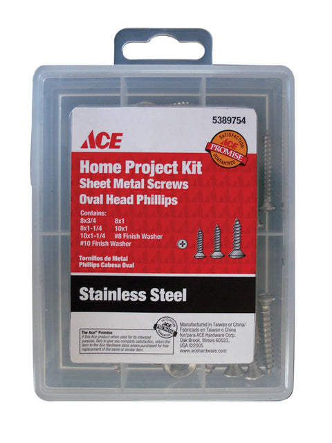 Ace Oval Head Phillips Drive Sheet Metal Screw Kit Stainless Steel 72 per box