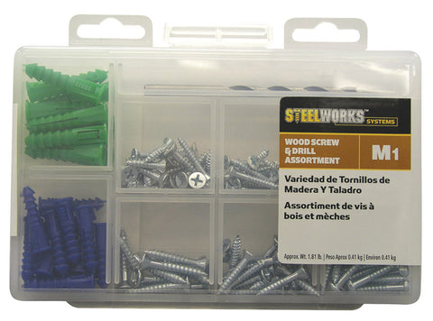 Hillman M1 Flat Wood Screw and Drill Kit No.8, No.10, No.12 Blue Steel/Plastic 6 pk