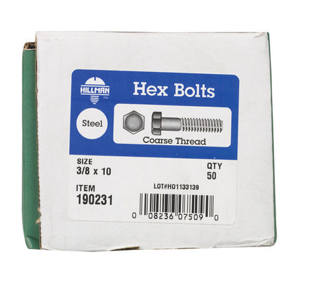 Hillman Hillman Zinc Steel Coarse Hex Bolt 3/8 in. Dia. x 10 in. L 50 box
