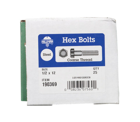 Hillman Hillman Zinc Steel Coarse Hex Bolt 1/2 in. Dia. x 12 in. L 25 box
