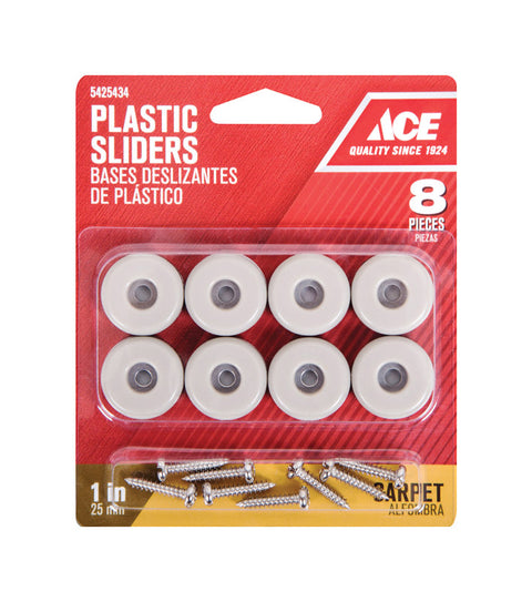 Ace Plastic Round Slide Glide Off-White 1 in. W 8 pk