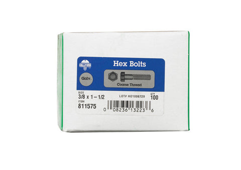 Hillman Hillman Hot Dipped Galvanized Steel Coarse Hex Bolt 3/8 in. Dia. x 1-1/2 in. L 100 box