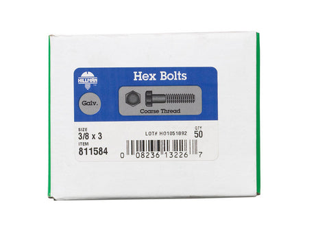 Hillman Hillman Hot Dipped Galvanized Steel Coarse Hex Bolt 3/8 in. Dia. x 3 in. L 50 box