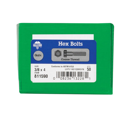 Hillman Hillman Hot Dipped Galvanized Steel Coarse Hex Bolt 3/8 in. Dia. x 4 in. L 50 box