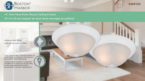 Boston Harbor 41800-WH Flush Mount Ceiling Fixture, 120 V, 60 W, A19 or CFL Lamp, White Fixture