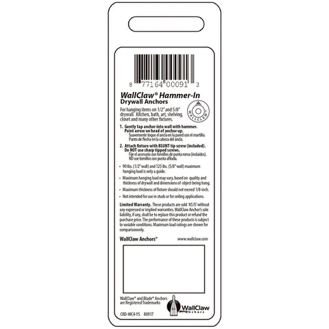 WallClaw Anchors .25 in. D X 2 in. L Plastic/Steel Pan Head Wallboard Anchors 4 pk