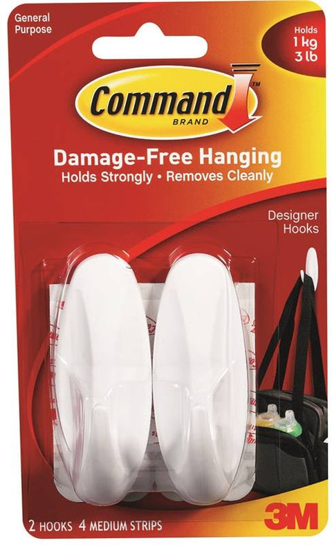 Command 17081 Medium Designer Hook, 3-1/8 in L x 1-3/16 in W x 1-3/8 in H x 0.46 in T, White